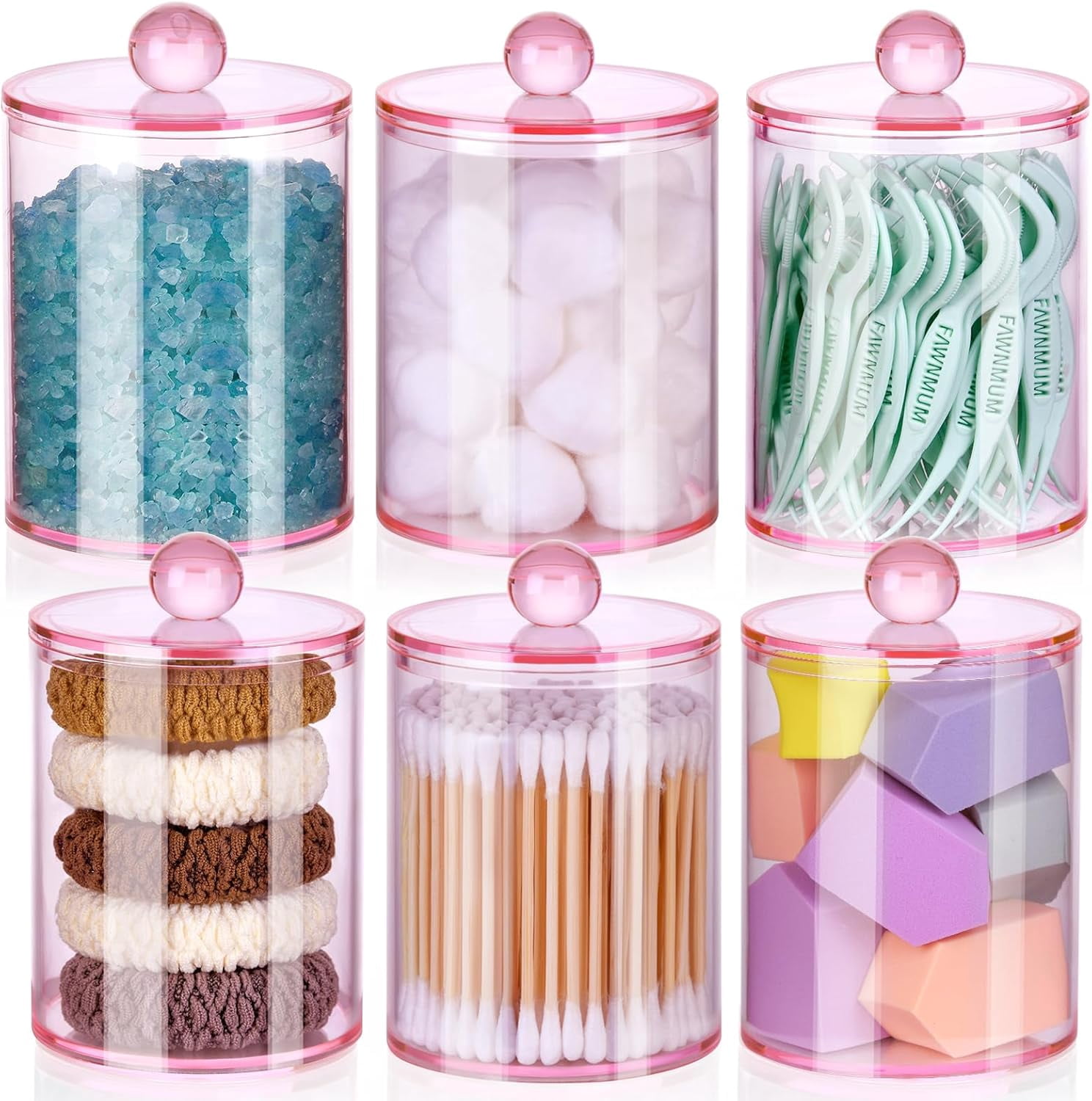 Kiibsot 2 Pack/ 4Pack Qtips Holder, Canister Apothecary Jar Set, Bathroom Jars with Lids Set for Cotton Swabs, Balls, Pads, Floss Picks,10oz-12oz Plastic Canisters Restroom Bedroom Vanity Organizer