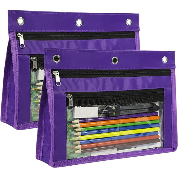 Kiibsot 2 Pack Expandable Zipper Pencil Pen Pouches for 3 Ring Binder - Clear Window & 1 Inch Expansion, Office Supplies for Adults