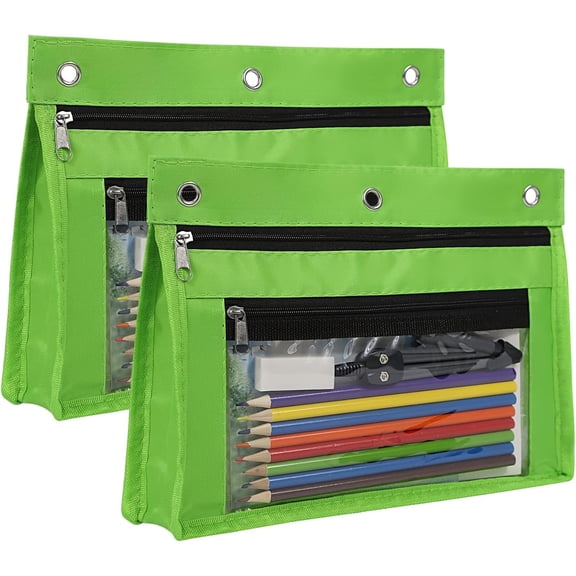Kiibsot 2 Pack Expandable Zipper Pencil Pen Pouches for 3 Ring Binder - Clear Window & 1 Inch Expansion, Office Supplies for Adults
