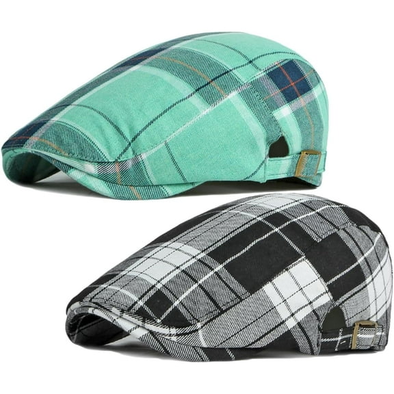 Kiibsot 2 Pack Men's Newsboy Flat Cap Adjustable Plaid Ivy Gatsby Cabbie Driving Golf Hat Beret
