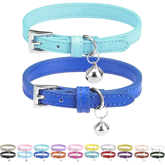 Kiibsot 2 Pack Soft Leather Cat Kitten Collar with Bells, Adjustable Collars for Girl Boy Cats Puppy