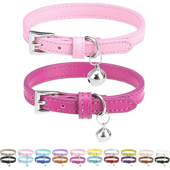 Kiibsot 2 Pack Soft Leather Cat Kitten Collar with Bells, Adjustable Collars for Girl Boy Cats Puppy