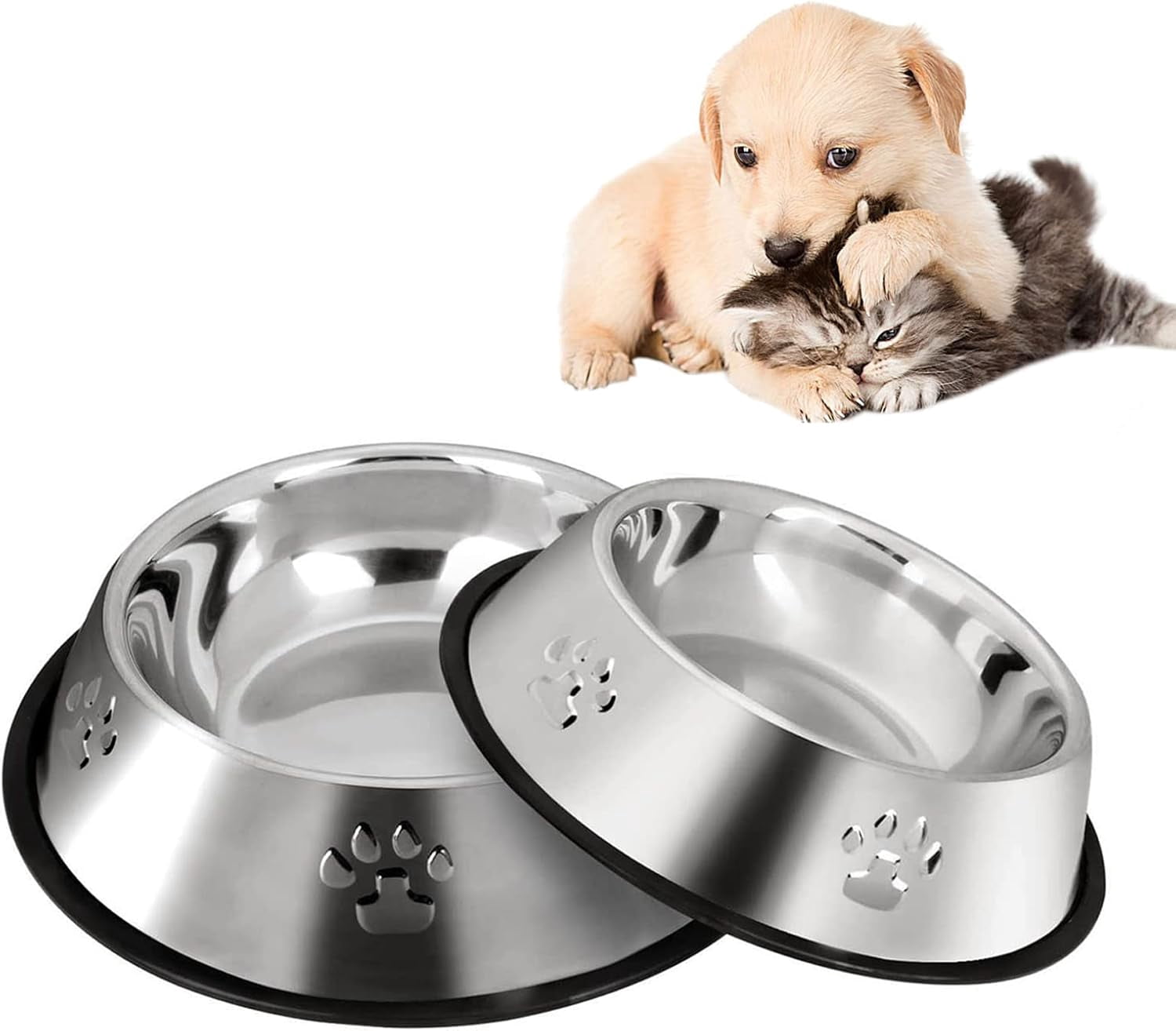 Kiibsot 2 Pack Stainless Steel Dog Bowls, Dog Feeding Dishes, Anti-Turn Over Pet Food Bowls with Rubber Base, Small Medium Large Pet Feeder for Food and Water