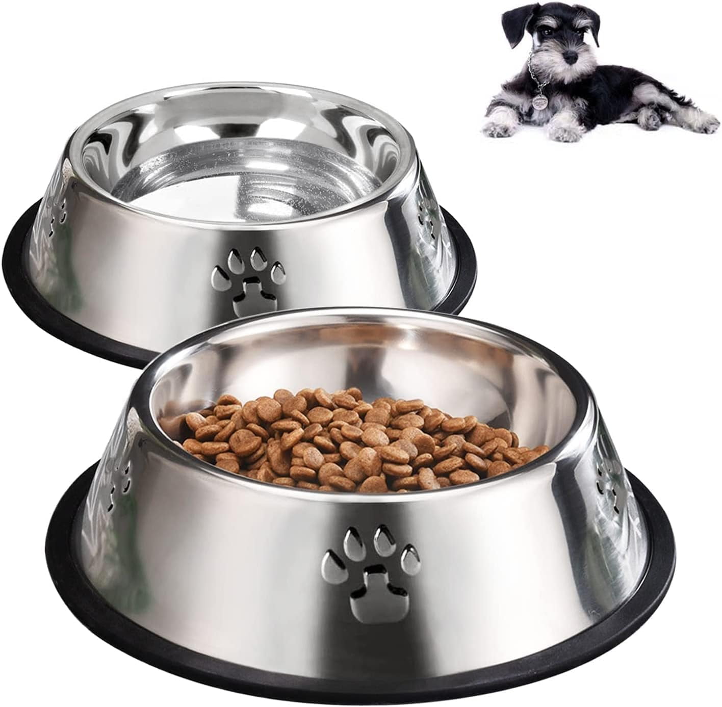 Kiibsot 2 Pack Stainless Steel Dog Bowls, Dog Feeding Dishes, Anti-Turn Over Pet Food Bowls with Rubber Base, Small Medium Large Pet Feeder for Food and Water