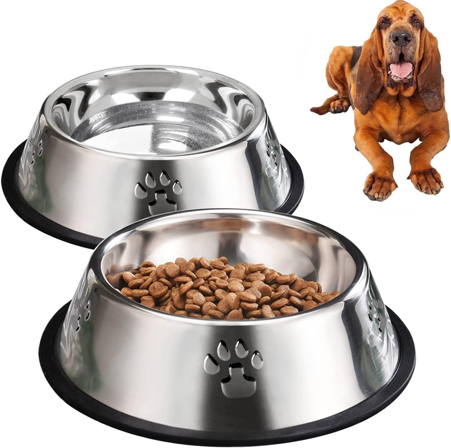 Kiibsot 2 Pack Stainless Steel Dog Bowls, Dog Feeding Dishes, Anti-Turn Over Pet Food Bowls with Rubber Base, Small Medium Large Pet Feeder for Food and Water