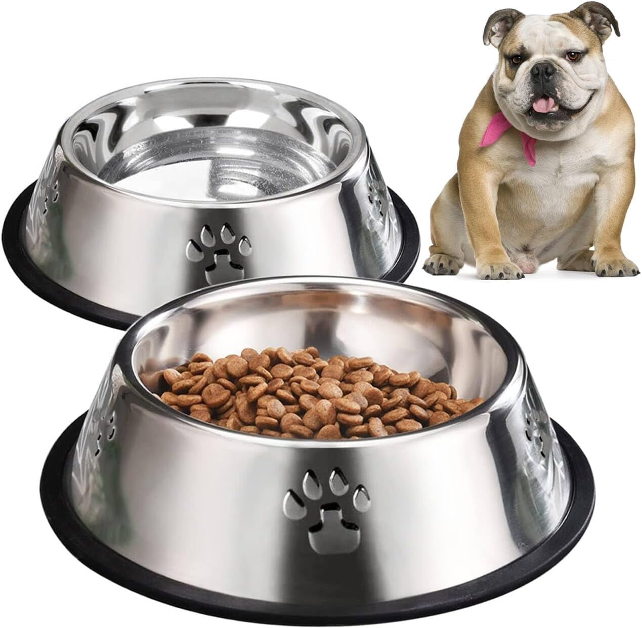 Kiibsot 2 Pack Stainless Steel Dog Bowls, Dog Feeding Dishes, Anti-Turn Over Pet Food Bowls with Rubber Base, Small Medium Large Pet Feeder for Food and Water