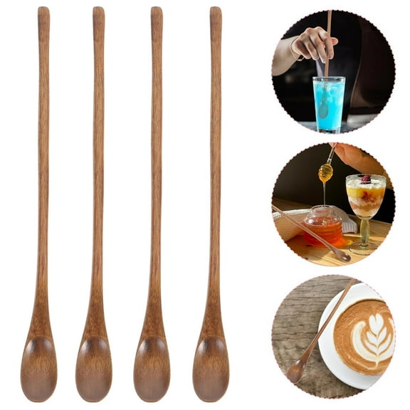 Kiibsot 2Pcs/4Pcs/6Pcs Wooden Long Tea Spoons Wooden Coffee Spoons, 9 inch Honey Stirring Spoon Cocktail Stirrer Spoons Swizzle Mixing Spoons for Home Kitchen Bar