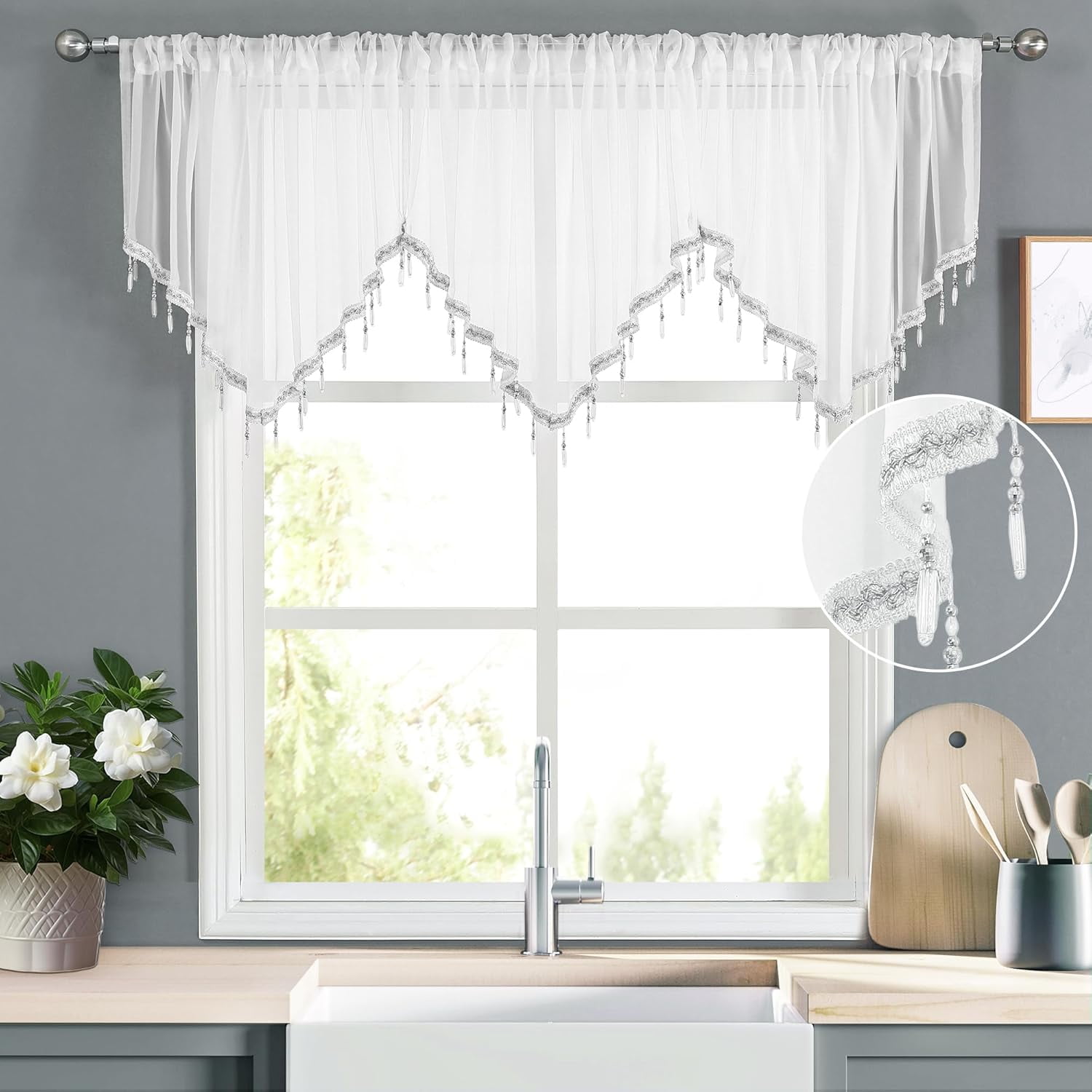 Kiibsot 3-Pack Halloween Beaded Sheer Valance Curtains for Windows, Triangle Sheer Voile Kitchen Swag Curtain Valances Boho Bead Tassels Window Valances for Bedroom Living Room, Each 51 x 24 Inch