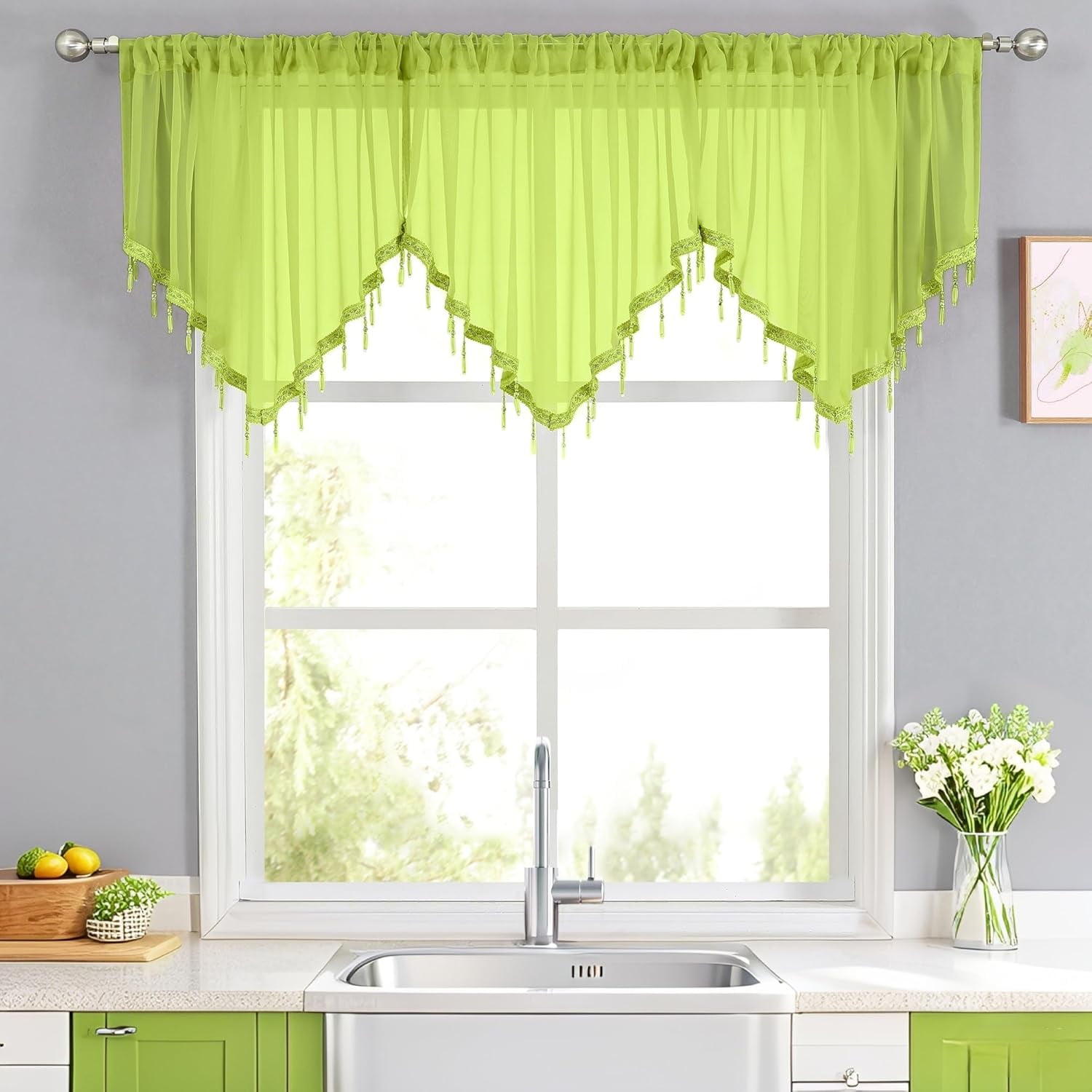 Kiibsot 3-Pack Halloween Beaded Sheer Valance Curtains for Windows, Triangle Sheer Voile Kitchen Swag Curtain Valances Boho Bead Tassels Window Valances for Bedroom Living Room, Each 51 x 24 Inch