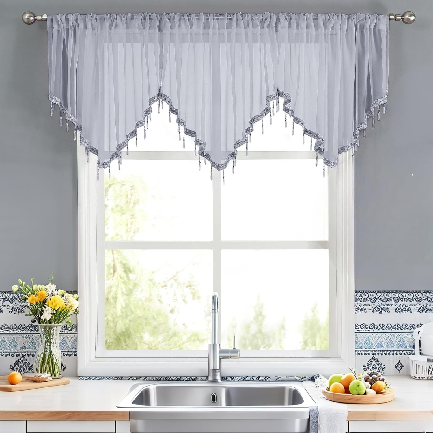 Kiibsot 3-Pack Halloween Beaded Sheer Valance Curtains for Windows, Triangle Sheer Voile Kitchen Swag Curtain Valances Boho Bead Tassels Window Valances for Bedroom Living Room, Each 51 x 24 Inch