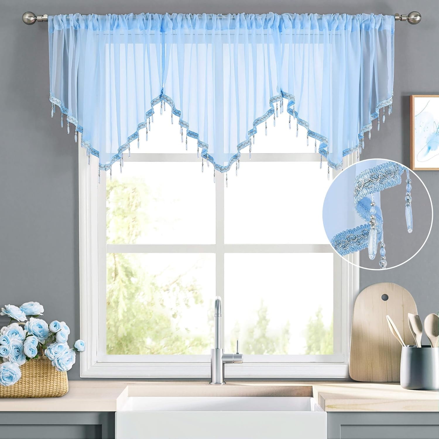 Kiibsot 3-Pack Halloween Beaded Sheer Valance Curtains for Windows, Triangle Sheer Voile Kitchen Swag Curtain Valances Boho Bead Tassels Window Valances for Bedroom Living Room, Each 51 x 24 Inch