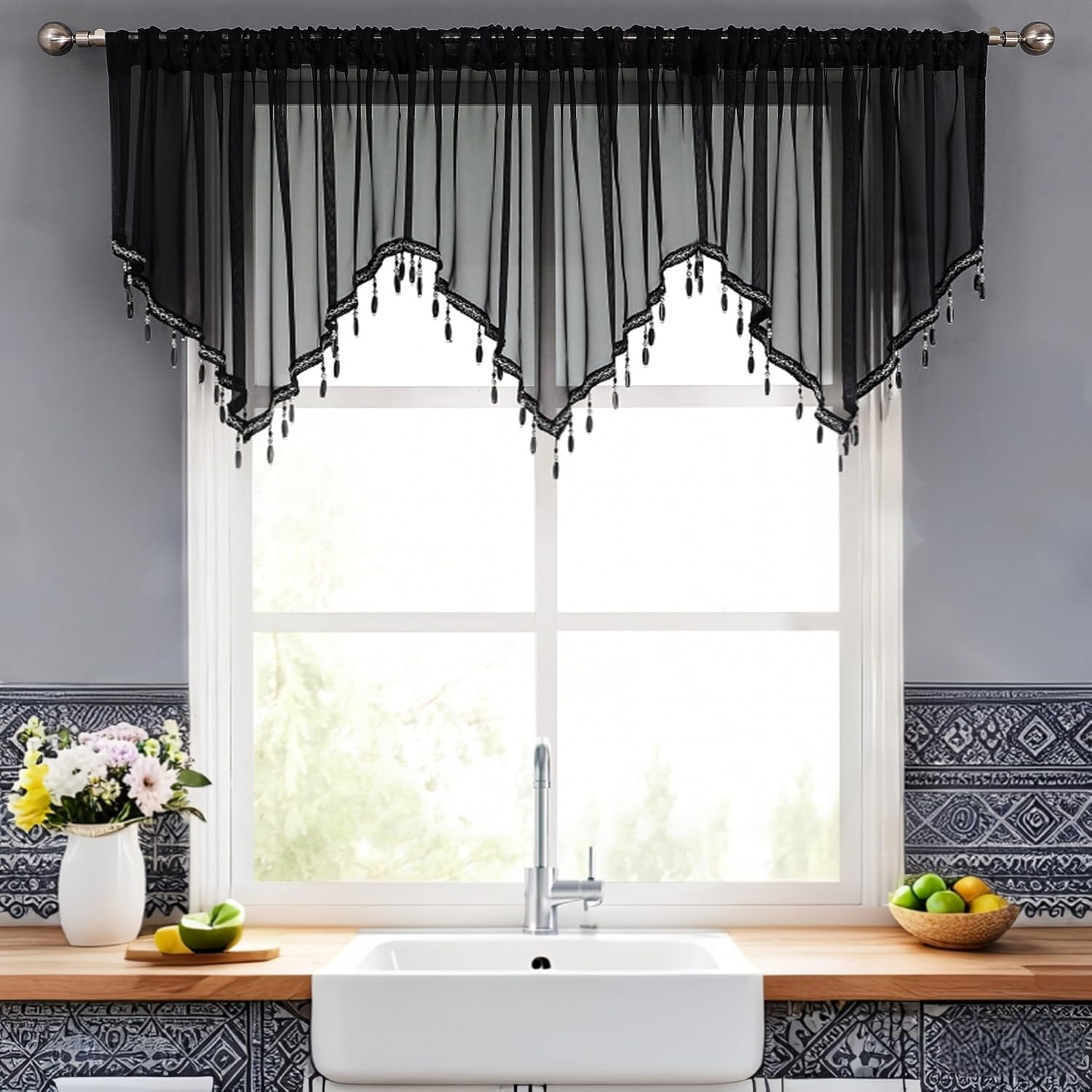 Kiibsot 3-Pack Halloween Beaded Sheer Valance Curtains for Windows, Triangle Sheer Voile Kitchen Swag Curtain Valances Boho Bead Tassels Window Valances for Bedroom Living Room, Each 51 x 24 Inch