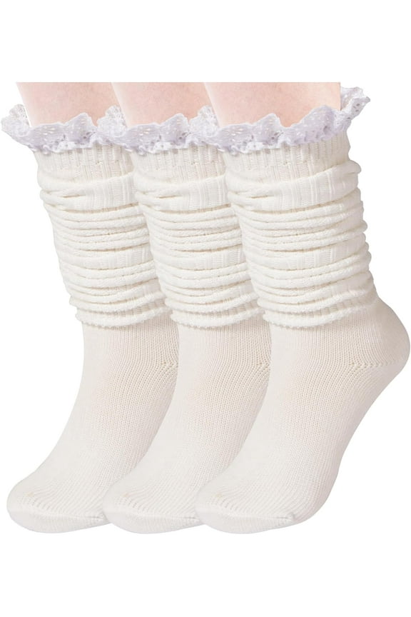 3 Pairs Slouch Socks for Women Girls, Ruffle Frilly Turn Cuff Socks, Vintage Knit Scrunch Knee High Boot Socks Size 5-11