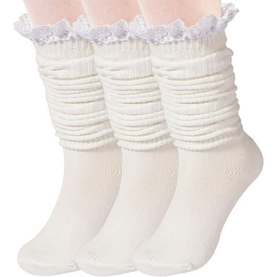 Kiibsot 3 Pairs Slouch Socks for Women Girls, Ruffle Frilly Turn Cuff Socks, Vintage Knit Scrunch Knee High Boot Socks Size 5-11