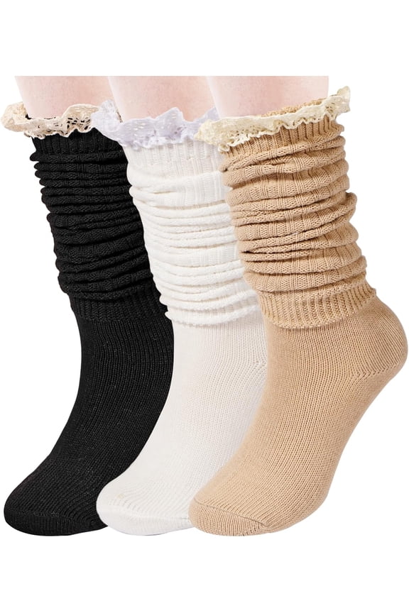 3 Pairs Slouch Socks for Women Girls, Ruffle Frilly Turn Cuff Socks, Vintage Knit Scrunch Knee High Boot Socks Size 5-11