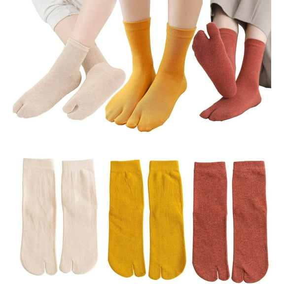 Kiibsot 3 Pairs Women Girl Cotton Sports Casual Sandal Split Two Toe Japanese Tabi Flip Flops Socks Elastic One Size