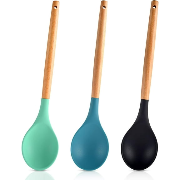 Kiibsot 3 Pcs Large Silicone Spoon Wood Handle Mixing Spoons, Nonstick Heat-Resistant Silicone Mixing Spoon for Cooking Baking Stirring, Kitchen Mixing Tools