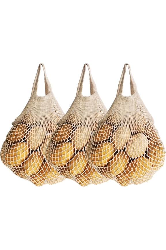3 pack Reusable Grocery Bags Cotton Net Shopping Tote Ecology Market String Bag Mesh Beach Bags Produce Vegetable Bags (Beige)