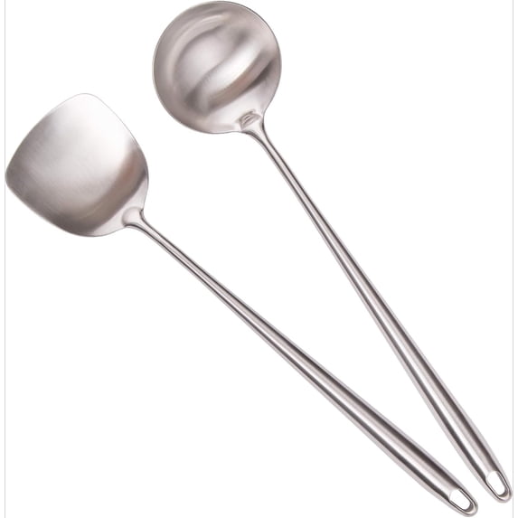Kiibsot 304 Stainless Steel Kitchen Utensils Set - 17” Extra Long Handle Metal Cooking Tools, Spatula,Soup Ladle,Skimmer Spoon,Slotted Spatula Turner,Solid Spoon, for Cast Iron/Carbon Steel Wok