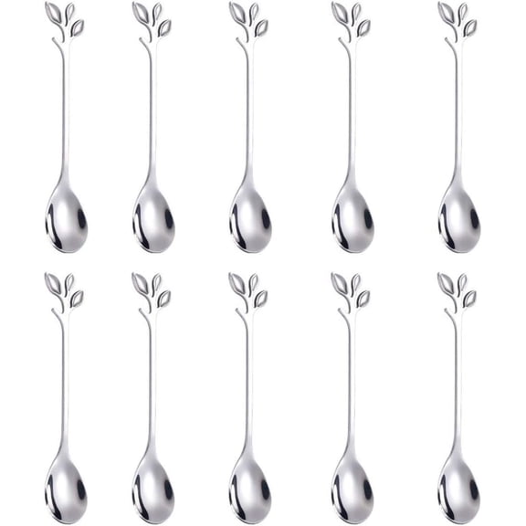 Kiibsot 4.7 Inches Mini Stainless Steel Leaf-Shaped Coffee Spoons - 10-Piece, Espresso & Dessert Tea Spoons Teaspoon, Perfect for Demitasse & Small Servings