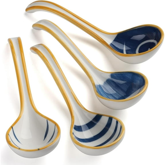 Kiibsot 4pcs Asian Soup Spoon Ceramic Ramen Spoons Korean Spoons Porcelain Japanese Soup Spoon for Ramen Noodles Pho Miso Dumpling, Curved Handle,6.3in