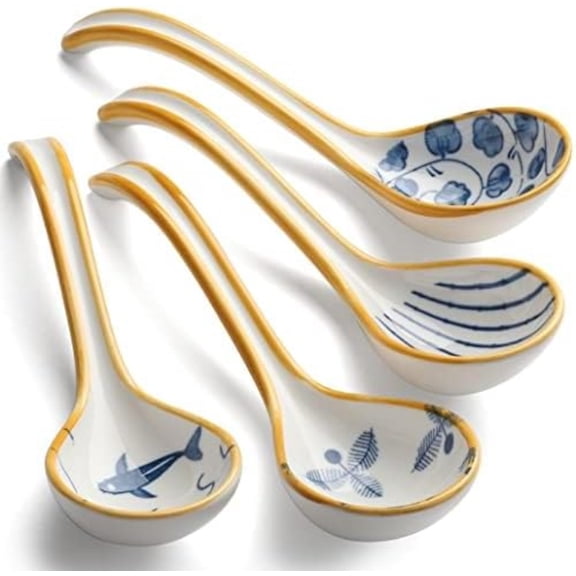 Kiibsot 4pcs Asian Soup Spoon Ceramic Ramen Spoons Korean Spoons Porcelain Japanese Soup Spoon for Ramen Noodles Pho Miso Dumpling, Curved Handle,6.3in