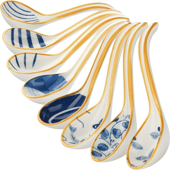 Kiibsot 8 Pack Ceramic Soup Spoons Large Asian Soup Spoon Ramen Spoons, 6.4" Korean Style Long Handle Spoons for Pho Noodles Dumpling Miso Dessert Cereal