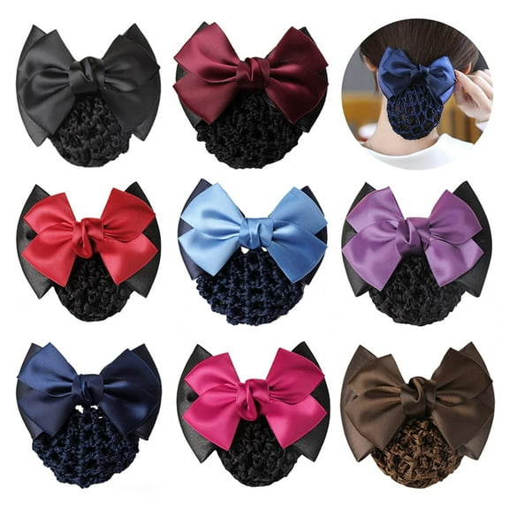Kiibsot 8 Pcs Women Hair Snood Net Bowknot Decor Barrette Elastic Mesh Hair Bun Cover Satin Bow Crochet Hairnet, Professional Hair Clip Hairpin for Women Girls Working Styling Accessories, 8 Colors