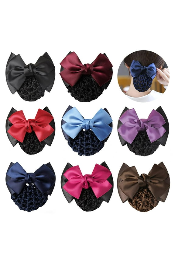 8 Pcs Women Hair Snood Net Bowknot Decor Barrette Elastic Mesh Hair Bun Cover Satin Bow Crochet Hairnet, Professional Hair Clip Hairpin for Women Girls Working Styling Accessories, 8 Colors