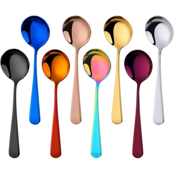 Kiibsot 8 Piece Soup Bouillon Cereal Spoon, Stainless Steel Soup Spoons, 6.2 Inch Round Bouillon Spoons,Mixed Colors