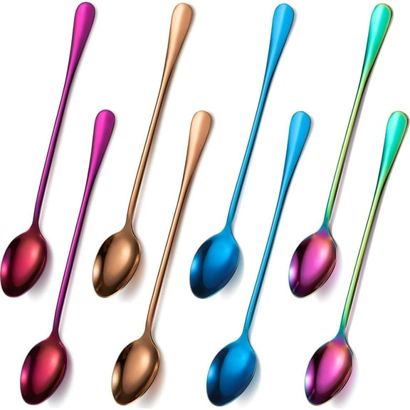 Kiibsot 8 Pieces Long Handle Tea Spoon Stainless Steel Coffee Mixing Spoons Teaspoon for Mixing, Cocktail Stirring, Coffee, Milkshake, Cold Drink, 7.48 Inch