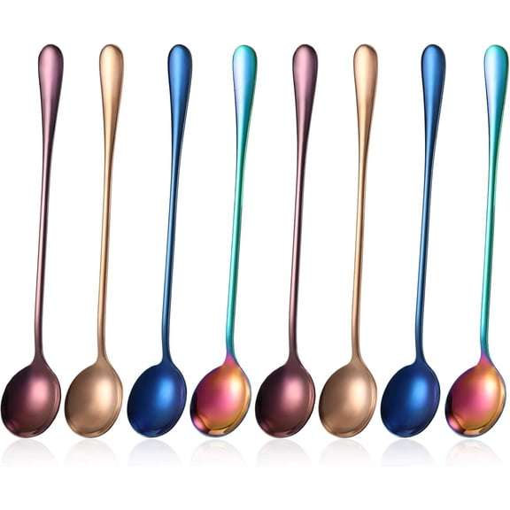Kiibsot 8 Pieces Long Handle Tea Spoon Stainless Steel Coffee Mixing Spoons Teaspoon for Mixing, Cocktail Stirring, Coffee, Milkshake, Cold Drink, 7.48 Inch