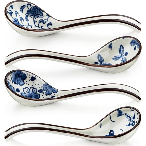 Kiibsot Asian Soup Spoon Set of 4 Long Handle Chinese Soup Spoons Ceramic Japanese Ramen Spoons Retro Style Pho Spoon Wonton Soup Spoon