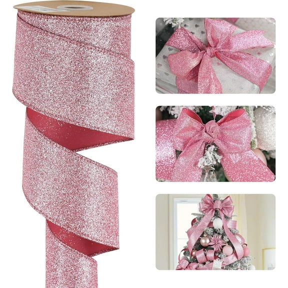 Kiibsot Christmas Ribbon 2-1/2" Sparkle Metallic Glitter Wired Ribbon for Tree, Bows Making, Wreath Supplies, Gift Wrapping, Garland, Home Decor, Crafts -10 Yards