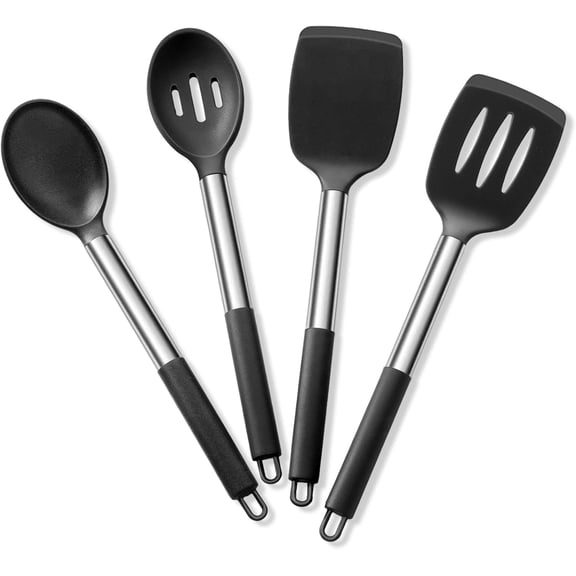 Kiibsot Cooking Utensils Set of 4, Silicone Kitchen Utensils for Non-stick Cookware, Heat Resistant & Non-toxic Slotted Spatula Solid Spoon Turner for Flipping Mixing Serving Basting