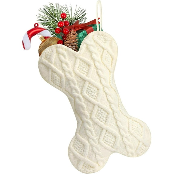 Kiibsot Dog Christmas Stocking, Bone Shape Christmas Stocking for Dogs, Xmas Fireplace Hanging Stockings for Pets, Knit Dog Stockings Christmas Decorations