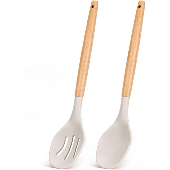 Kiibsot Large Silicone Cooking Spoons, 2 Pack Nonstick Solid and Slotted Wooden handle Spoon Set, Heat Resistan Silicone Kitchen Spoons for Cooking, Serving, Basting, Mixing