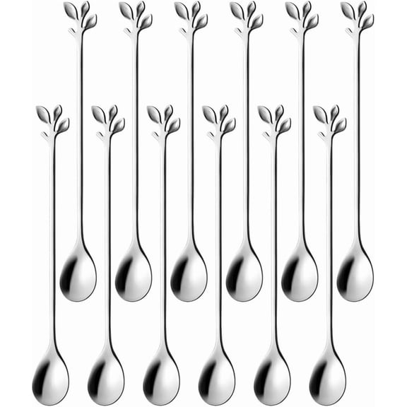 Kiibsot Leaf Handle Long Teaspoons, 7.4" Coffee & Tea Stirring Spoons, Stainless Steel Coffee Stir Spoon Set of 12