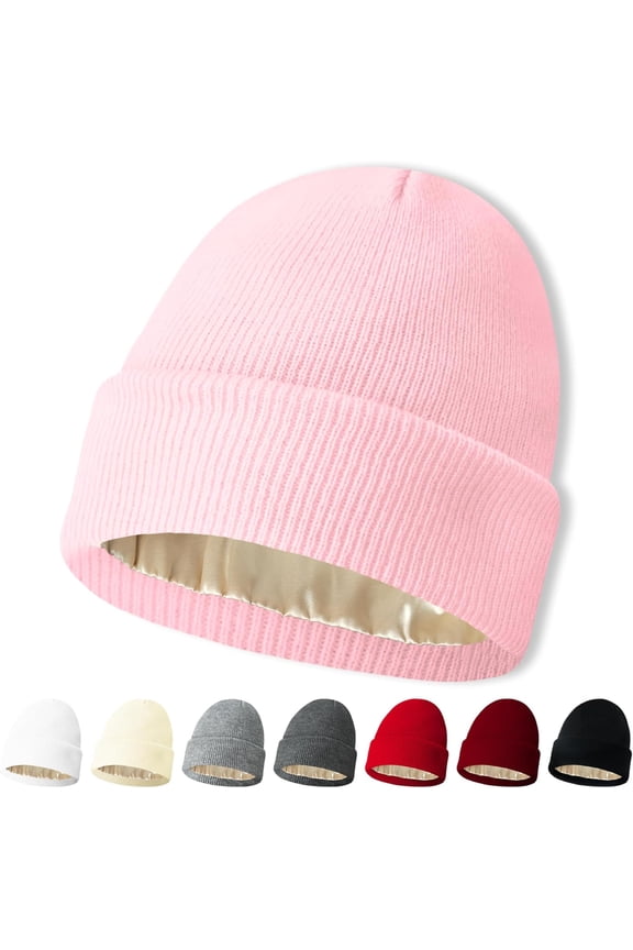 Satin-Lined Beanie for Women & Men, Soft Acrylic Knit Winter Hat with Silk Lining, Slouchy Cuffed Design Beanie for Warmth & Hair Protection