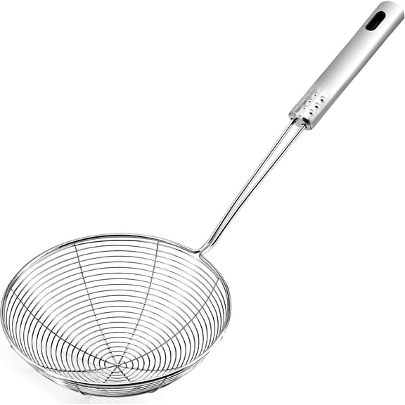 Kiibsot Stainless Steel Cooking Skimmer Spoon - Kitchen Strainer Ladle with Long Handle for Cooking and Frying, Professional Fine Mesh Food Strainer Hot Pot Skimmer for Grease, Gravy and Foam