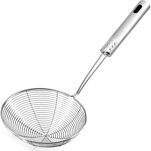 Kiibsot Stainless Steel Cooking Skimmer Spoon - Kitchen Strainer Ladle with Long Handle for Cooking and Frying, Professional Fine Mesh Food Strainer Hot Pot Skimmer for Grease, Gravy and Foam