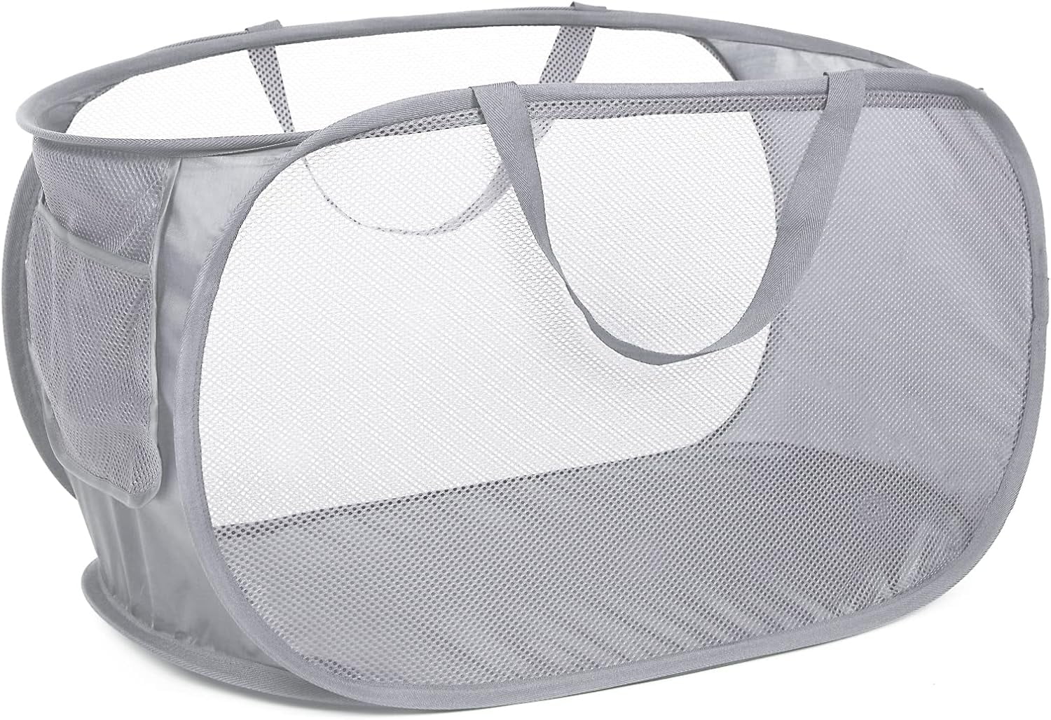 Kiibsot Strong Mesh Pop Up Laundry Basket, Collapsible Laundry Hamper with Side Pocket, Foldable Clothes Hamper with Durable Reinforced Handles for Laundry, Bathroom, Kids Room, Dorm or Travel