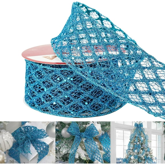 Kiibsot Wired Ribbon 10 Yards - 2.5 Inch w Glitter Diamond Wire Edge Christmas Ribbon for Tree Decorations, Gift Wrapping, Bows & Wreath Making - Holiday Craft Supplies & Home Decor