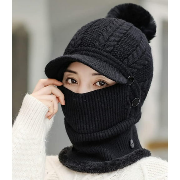 Kiibsot Women One Piece Slouchy Fleece Beanie Hats Scarf Mask Warm Winter Knitted Hat Thick Skull Ski Cap