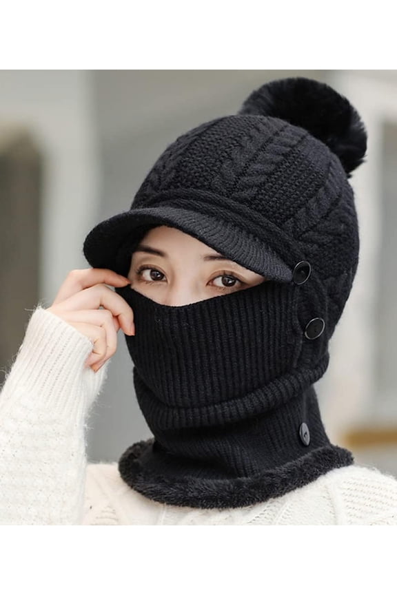 Women One Piece Slouchy Fleece Beanie Hats Scarf Mask Warm Winter Knitted Hat Thick Skull Ski Cap