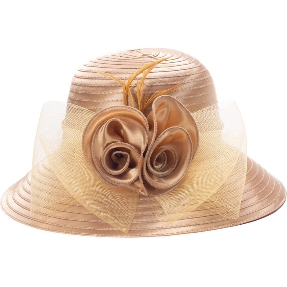 Kiibsot Women Satin UV Protection Sun Hat, British Style Elegant Flower Mesh Wedding Occasion Wide Brim Hat