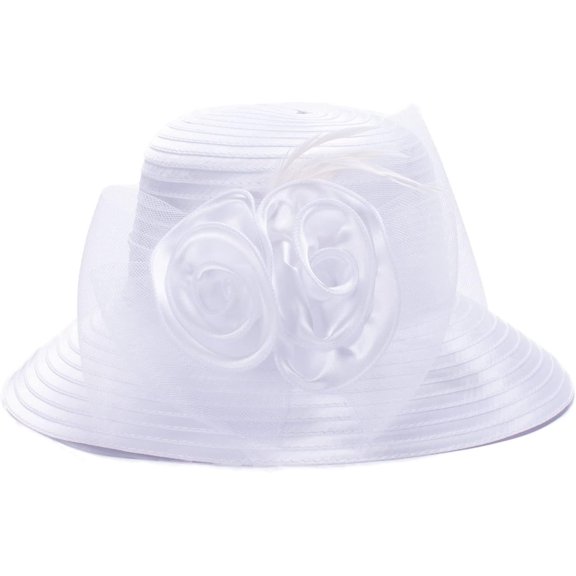 Kiibsot Women Satin UV Protection Sun Hat, British Style Elegant Flower Mesh Wedding Occasion Wide Brim Hat