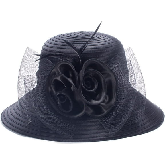 Kiibsot Women Satin UV Protection Sun Hat, British Style Elegant Flower Mesh Wedding Occasion Wide Brim Hat