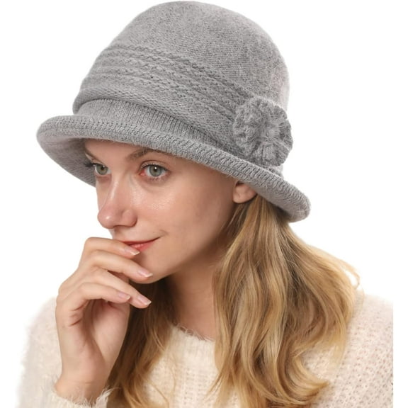 Kiibsot Women Winter Warm Knit Beanie Hat Crochet Visor Brim Cap with Sequined Flower Accent