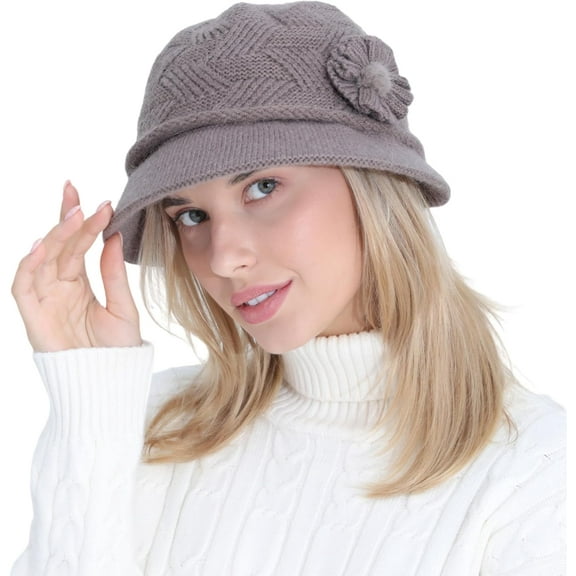 Kiibsot Women Winter Warm Knit Beanie Hat Crochet Visor Brim Cap with Sequined Flower Accent